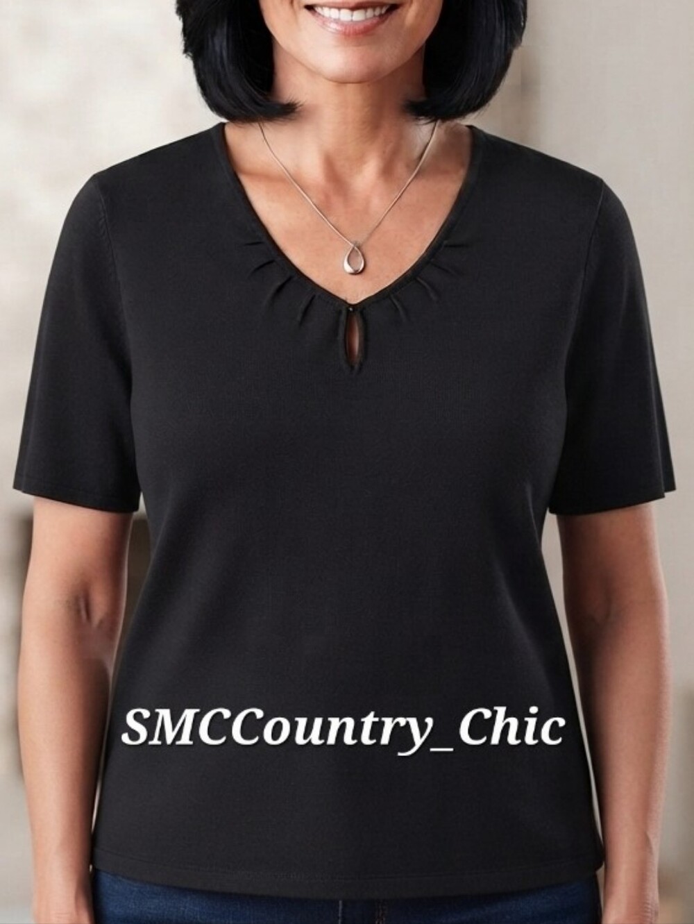 NWT Deadstock Y2K Sag Harbor Black Fine Knit Keyhole Top Short Sleeve Top 2X